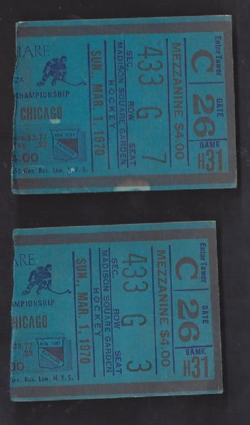 1970 NY Rangers (NHL) Lot of (2) Hockey Ticket Stubs