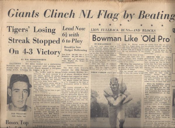  1954 NY Giants Clinch NL Flag by Beating Bums, 7-1 Detroit Free Press Sports Section