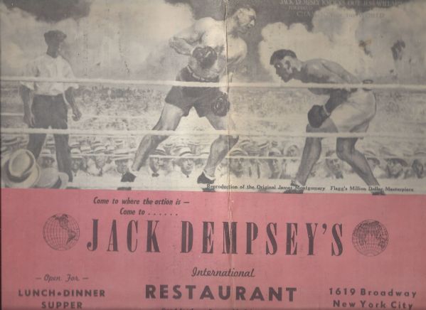 C. 1970 Jack Dempsey's Restaurant Over-Sized Menu with Dempsey/Willard Fight Cover