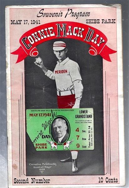 1941 Connie Mack (HOF) Day at Shibe Park (May 17, 1941) Official Program with Ticket