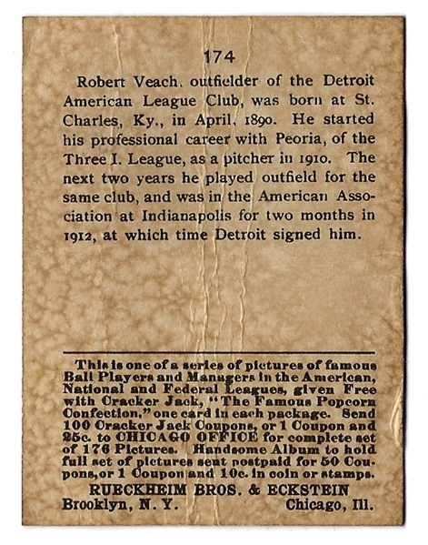 1915 Cracker Jack Card - Veach (Detroit Tigers) - Lesser Condition