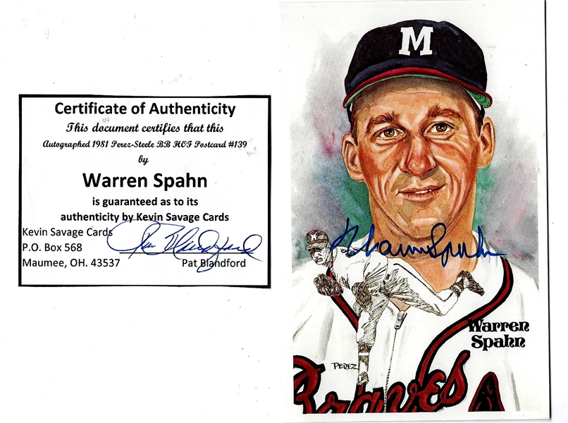 Warren Spahn (HOF) Perez Steele Autographed Card with COA