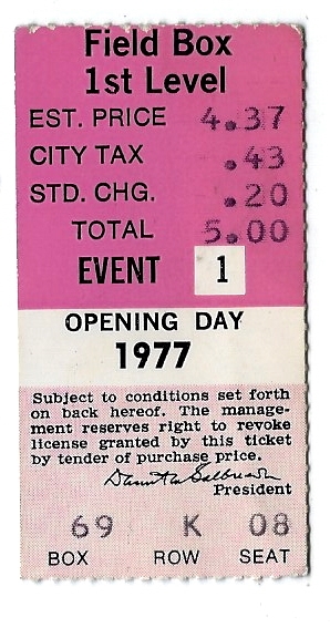1977 Pittsburgh Pirates (Three Rivers Stadium) Opening Day Ticket Stub