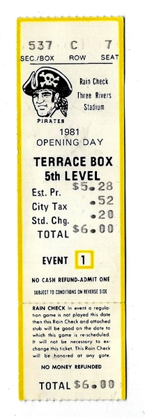 1981 Pittsburgh Pirates (Three Rivers Stadium) Opening Day Ticket 