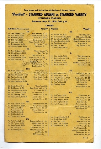 1959 Stanford Alumni (NCAA College   Football) vs. Stanford Varsity One page Scorecard with Autographs