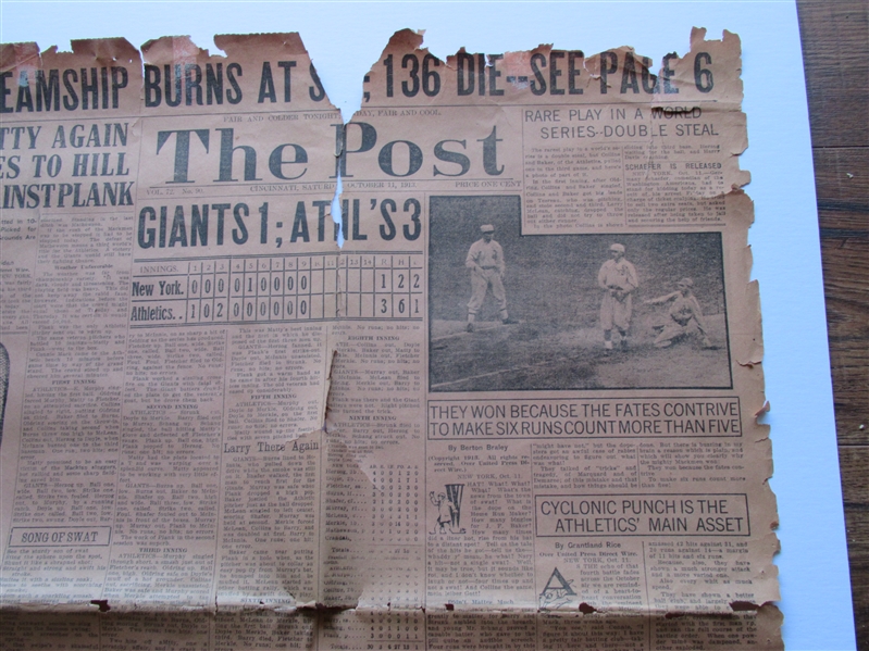 1913 World Series (Phila. A's vs. NY Giants - Game # 5 Clincher - Plank vs. Mathewson - Same Day Front Page