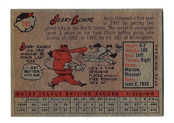 1958 Jerry Lumpe (NY Yankees) Topps Baseball Card