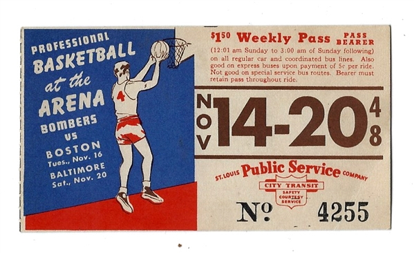 1948 St. Louis Bombers (BAA) vs. Boston Celtics Weekly Bus Pass Advertisement 