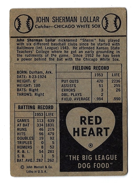 1954 Sherman Lollar (Chicago White Sox) Red Heart Dog Food Card