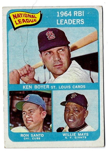 1965 Ken Boyer - Ron Santo - Willie Mays - 1964 NL RBI Leaders Topps Card # 6