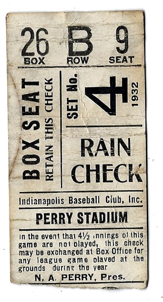 1932 Indianapolis Indians (At Perry Stadium) Ticket Stub 