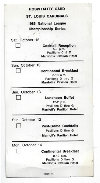 1985 St. Louis Cardinals (NLCS) Media Hospitality Pass