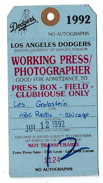 1992 LA Dodgers Working Press/Photographer Pass