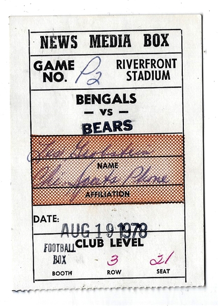 1978 NFL Cincinnati Bengals vs. Chicago Bears News Media Box Pass at Riverfront Stadium