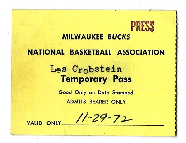 1972 Milwaukee Bucks (NBA) Press Temporary Pass