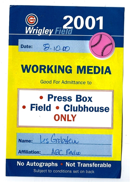 2001 Chicago Cubs Working Media Pass From Wrigley Field