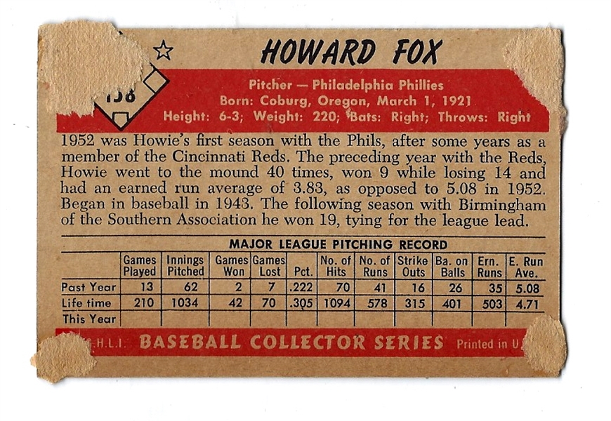 1953 Howard Fox (Philadelphia Phillies) Bowman Color Card