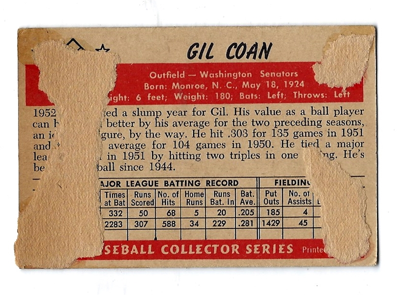 1953 Gil Coan (Washington Senators) Bowman Color Baseball Card