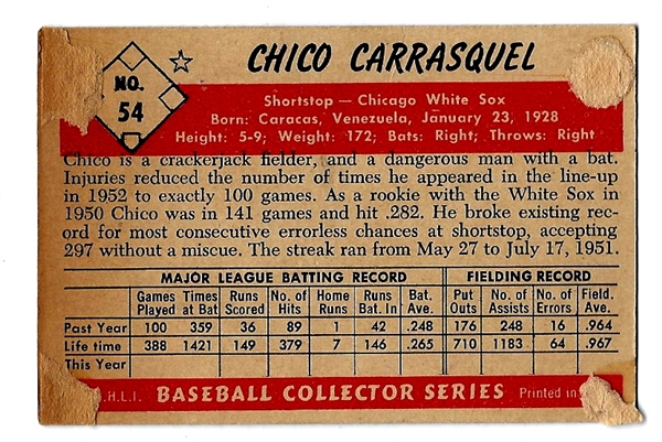 1953 Chico Carrasquel (Chicago White Sox) Bowman Color Baseball Card