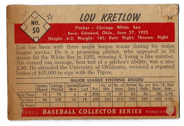 1953 Lou Kretlow (Chicago White Sox) Bowman Color Baseball Card