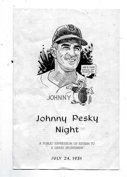 Johnny Pesky (Boston Red Sox) Testimonial Dinner Program