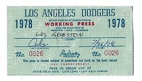 1978 Los Angeles Dodgers (MLB) Working Press Pass