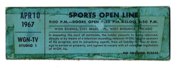 1967 WGN - TV Sports Open Line Media Pass for Studio 1