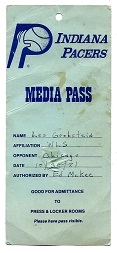 1981 Indiana Pacers (NBA) Media Pass vs. Chicago Bulls