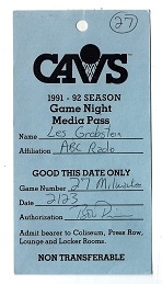 1991-92 Cleveland Cavaliers (NBA) Media Pass  vs. Milwaukee Bucks