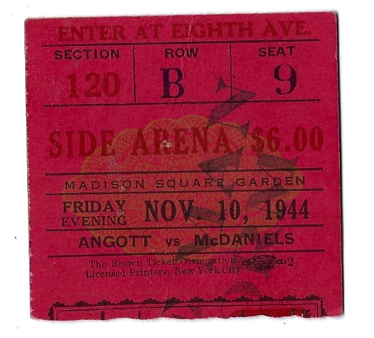 1944 Sammy Angott vs. Jimmy McDaniels Lightweight Championship Fight Ticket