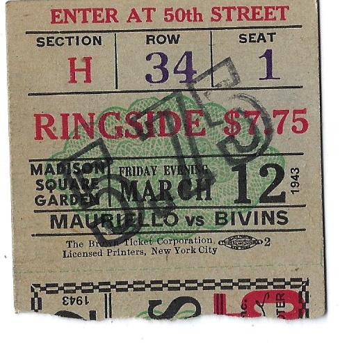 1943 Stefano Mauriello vs. Jimmy Bivins Heavyweight Bout Fight Ticket