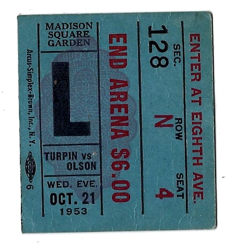 1953 Randy Turpin vs. Bobo Olson Middleweight Championship Fight Ticket