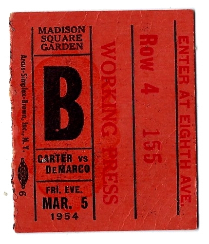 1954 Carter vs. DeMarco World Lightweight Championship Fight Ticket