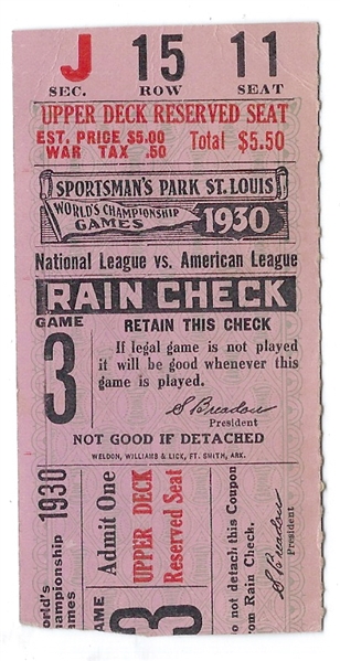 1930 World Series (St. Louis Cardinals vs. Philadelphia A's) Game #3 Ticket at St. Louis