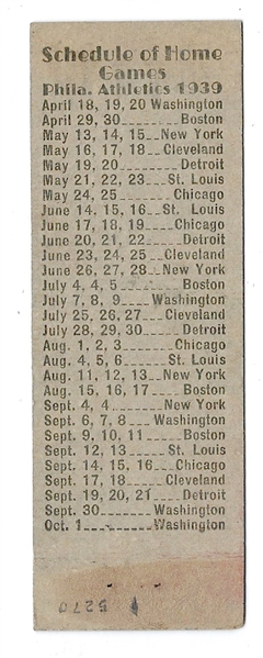 1939 Philadelphia Athletics Matchbook Home Game Schedule