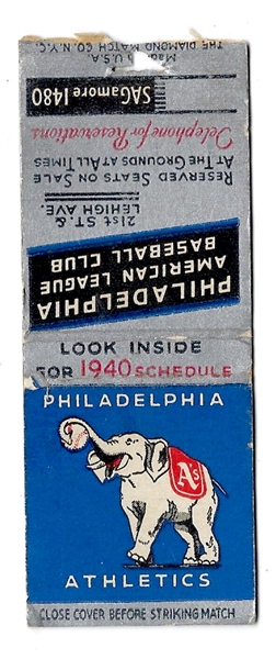 1940 Philadelphia Athletics Matchbook Schedule of Home Games