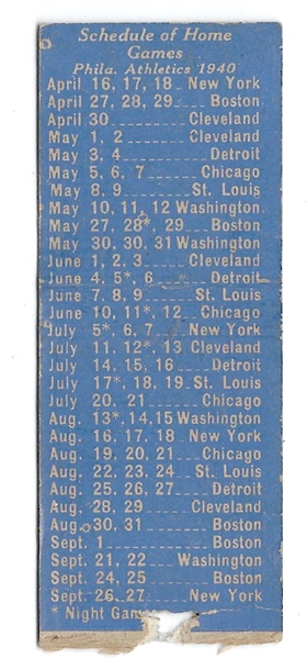 1940 Philadelphia Athletics Matchbook Schedule of Home Games