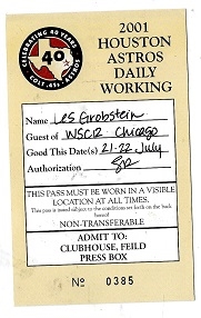 2001 Houston Astros (MLB) Daily Working Pass