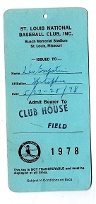 1978 St. Louis Cardinals (MLB) Clubhouse & Field Pass