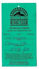 1996 Colorado Rockies (MLB) Working Press Pass