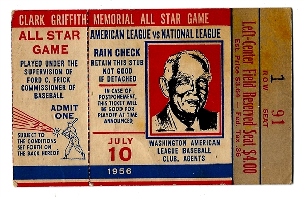 1956 MLB Baseball All-Star Game Ticket at Griffith Stadium # 1