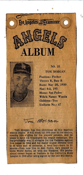 1961 LA Examiner - Tom Morgan (LA Angels - 1st Year) - Newsprint Baseball Card