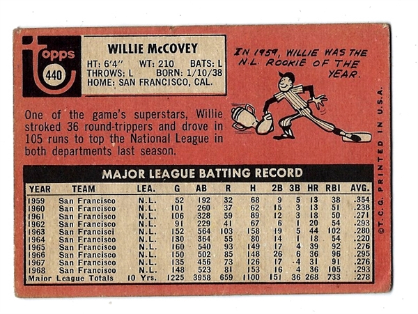 1969 Willie McCovey (HOF - SF Giants) Topps Baseball Card 