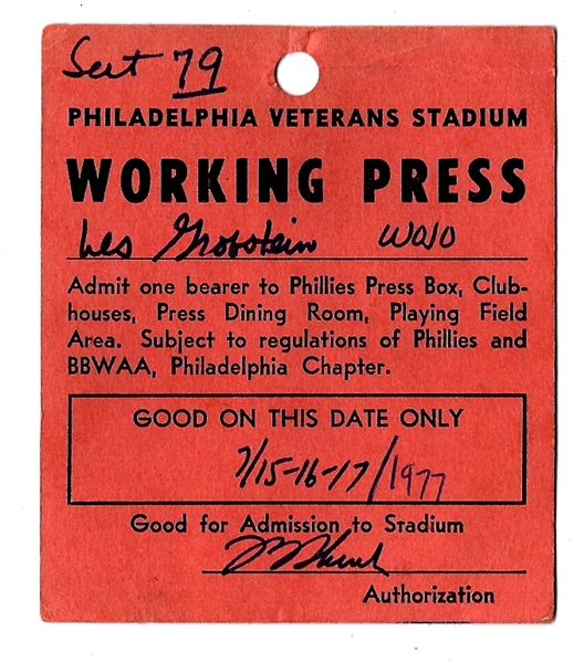 1977 Philadelphia Phillies  Veterans Stadium Press Pass for (3) Games