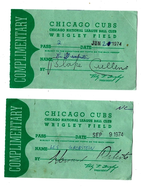 1974 Chicago Cubs Lot of (2) Complimentary Passes 