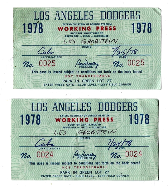 1978 LA Dodgers Lot of (2) Working Press Passes