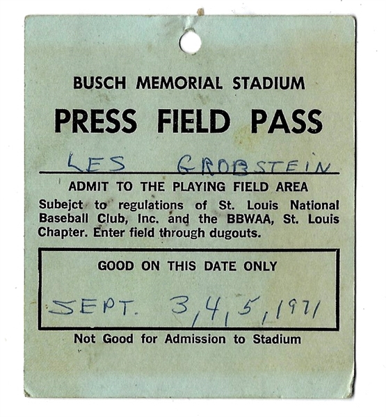 1971 St. Louis Cardinals Press Pass For (3) Games at Busch Stadium