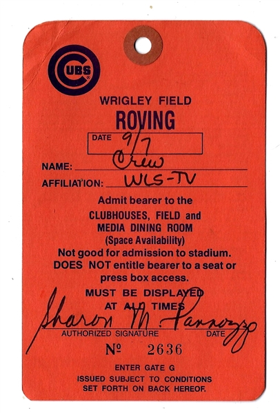 1985 Chicago Cubs Roving Pass - 9/7/85