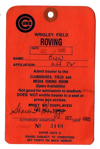 1985 Chicago Cubs Roving Pass - 10/1/85