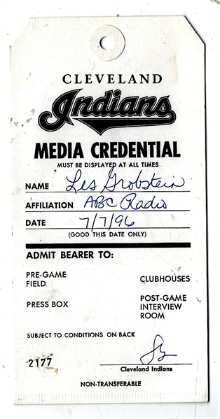 1996 Cleveland Indians (AL) ABC Media Credential Pass